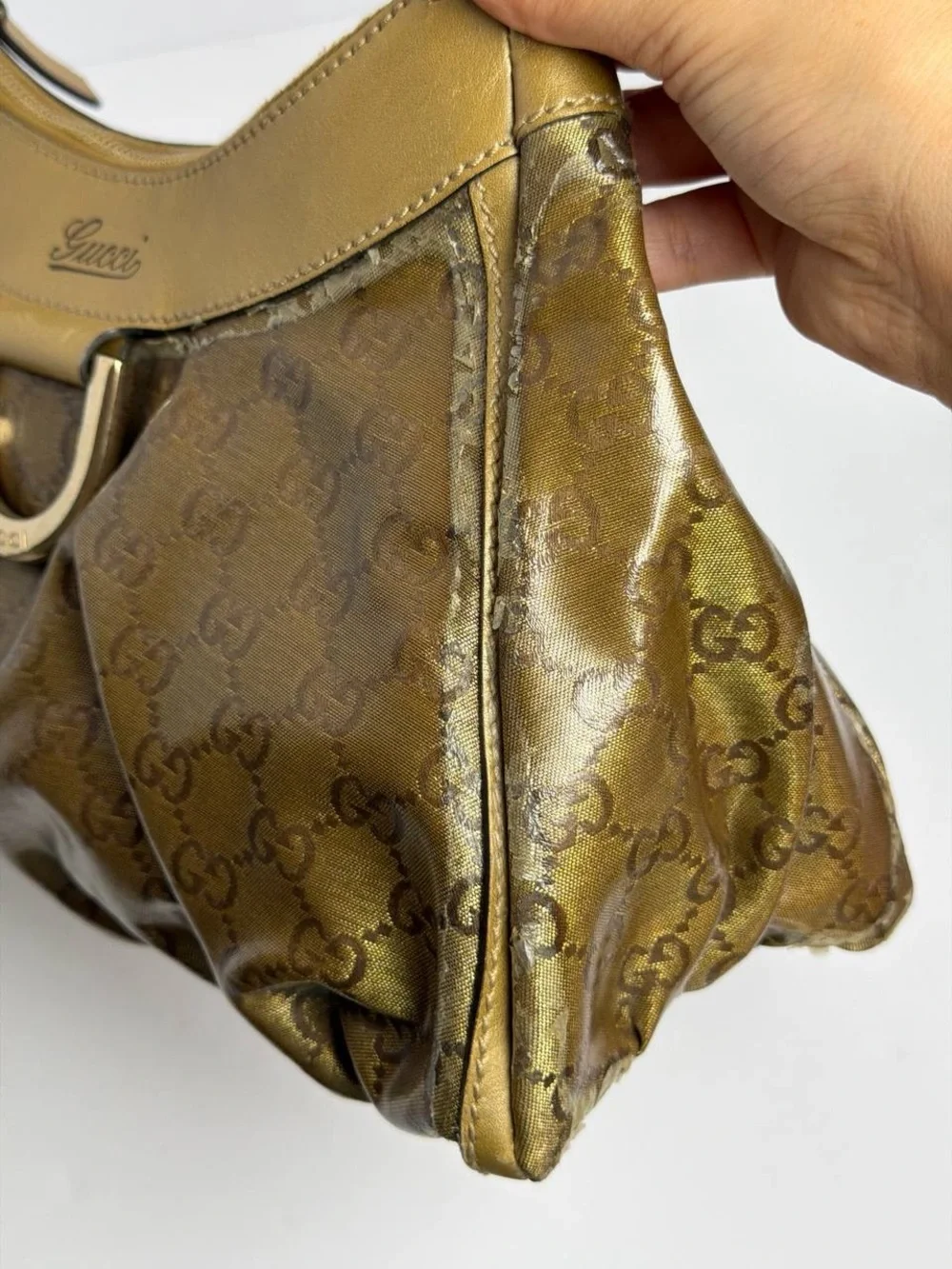 Gucci Abby Gold Leather Coated Monogram Canvas Hobo Shoulder Bag - Picture 5 of 16